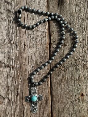 Sterling silver cross pendant with Matte Gunmetal Beaded chain.